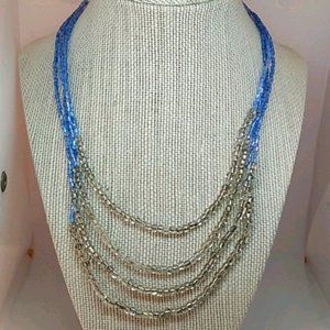 Vintage Avon SAQ Clear & Blue Seed Bead Layered Silver Toned Necklace